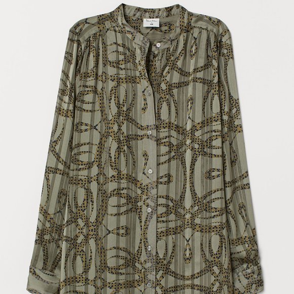 Richard Allan X H&M Designer Collab Patterned Airy Tunic/Shirt Olive Grn Sz 14 - Picture 2 of 6